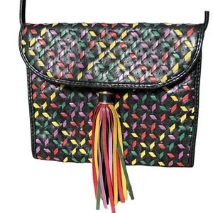 Mannelli Woven Leather Crossbody Fanny Pack Purse Bag Italy Black/Color Tassel